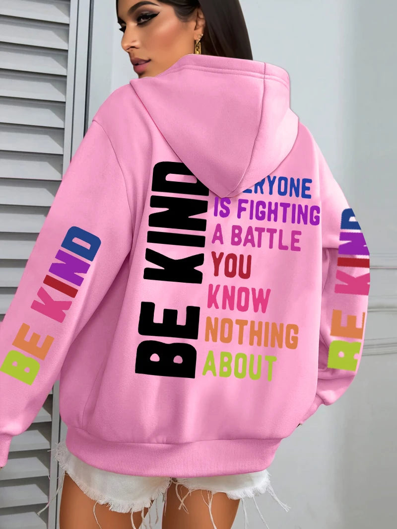 Be Kind Hoodies Women Letter Prints Winter Fleece Warm Hooded Street Pocket Loose Sweatshirts Casual All-match Woman Clothes