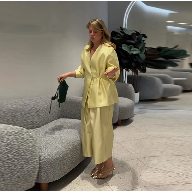 Lace Up Jacket and Wide Leg Pants Suit Set for Women