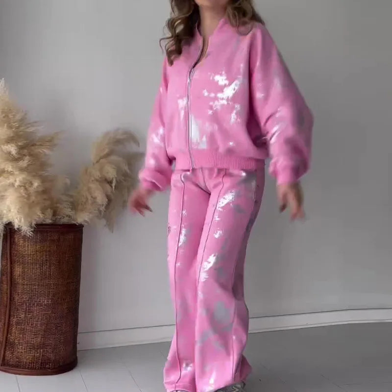 Two Piece Set Woman 2024 Summer New Streetwear Fashion Sequin Printed Zipper Casual Long Sleeves Hoodie and Pants Suit Female