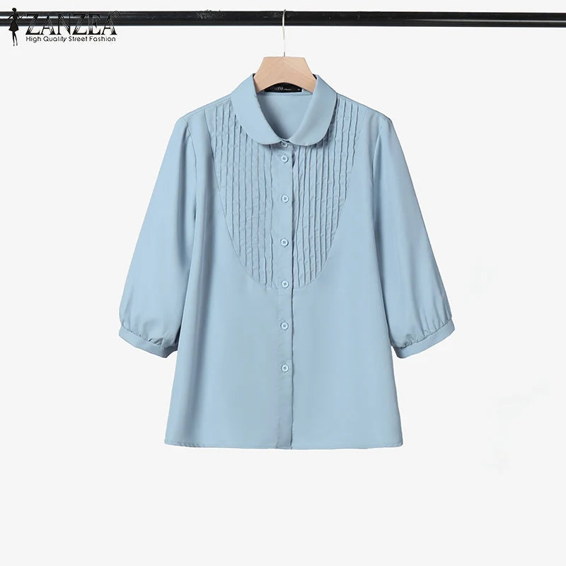 ZANZEA Women Vintage Pintuck Shirts Casual Turn-Down Collar Half Puff Sleeve Button Up Chemises Femme Street Fashion Solid Tops