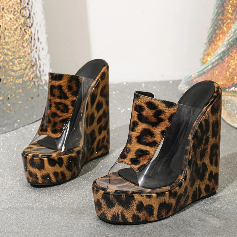 Open Toe Platform Leopard Print Wedge Sandals for Women