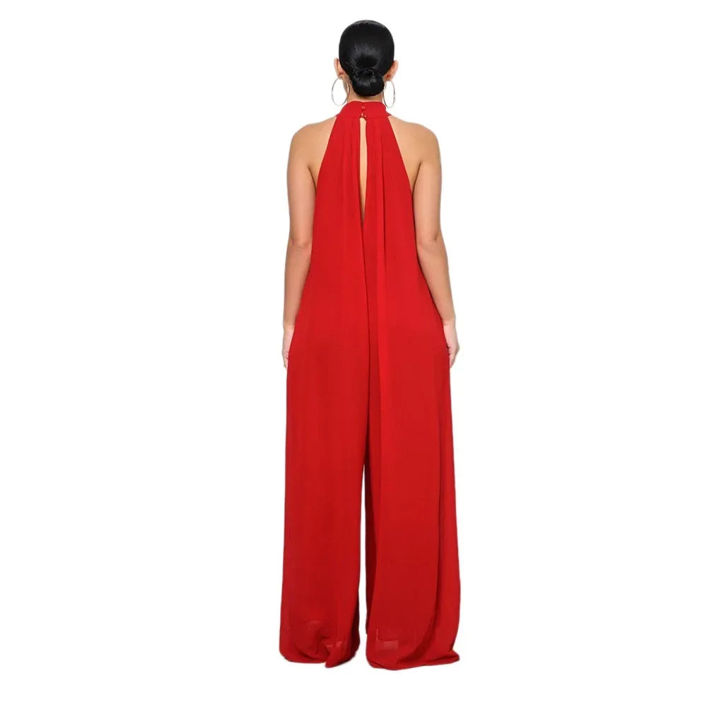 Loose Fit Solid Color Chiffon Ankle Length Jumpsuit for Women