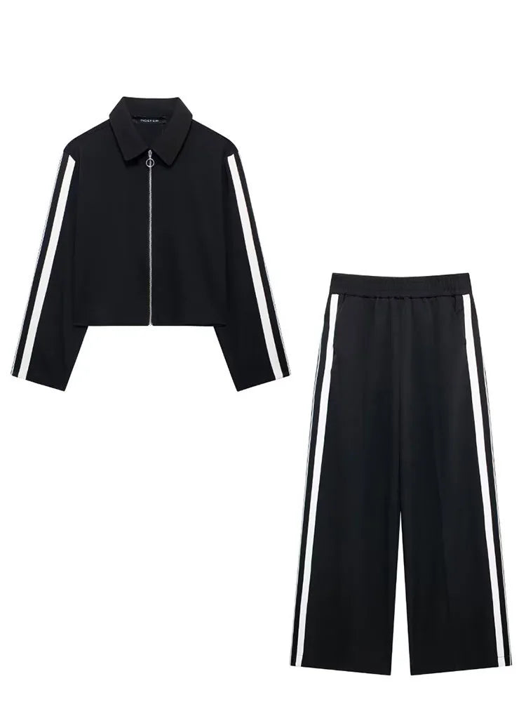 Lapel Long Sleeve Zipper Sports Jacket Two Piece Wide Leg Pants Set for Women