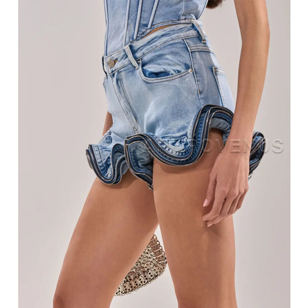 Casual High Waist Ruffle Hem Denim Shorts For Women
