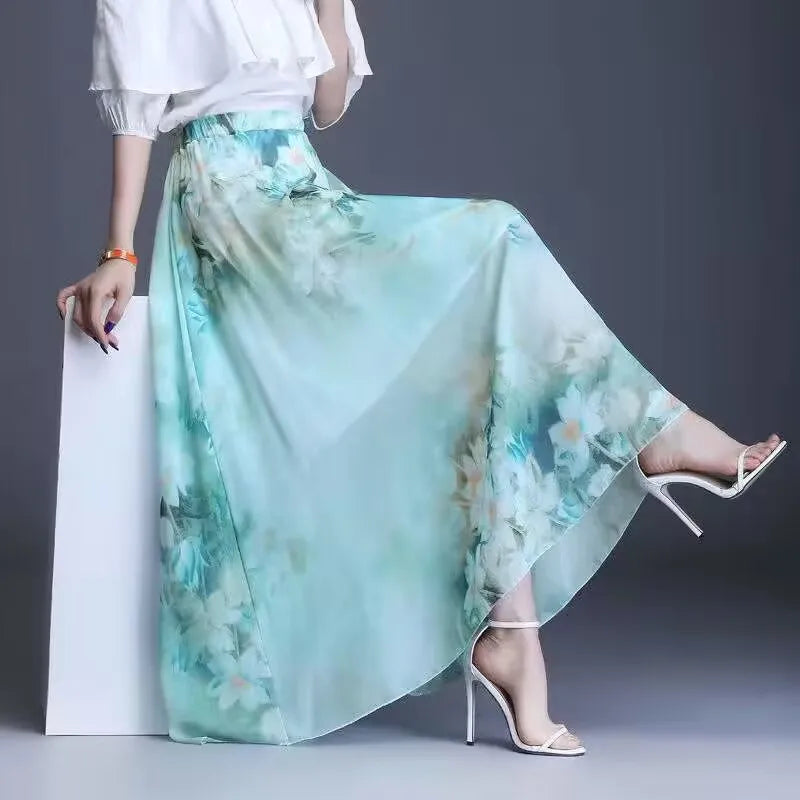 Women's Floral Printed Long Chiffon Skirt, Elastic, High Waist, A Line, Max Pleated, Summer, Fashion