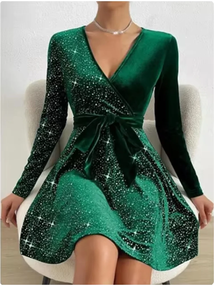 V Neck Sequin Long Sleeve Dress