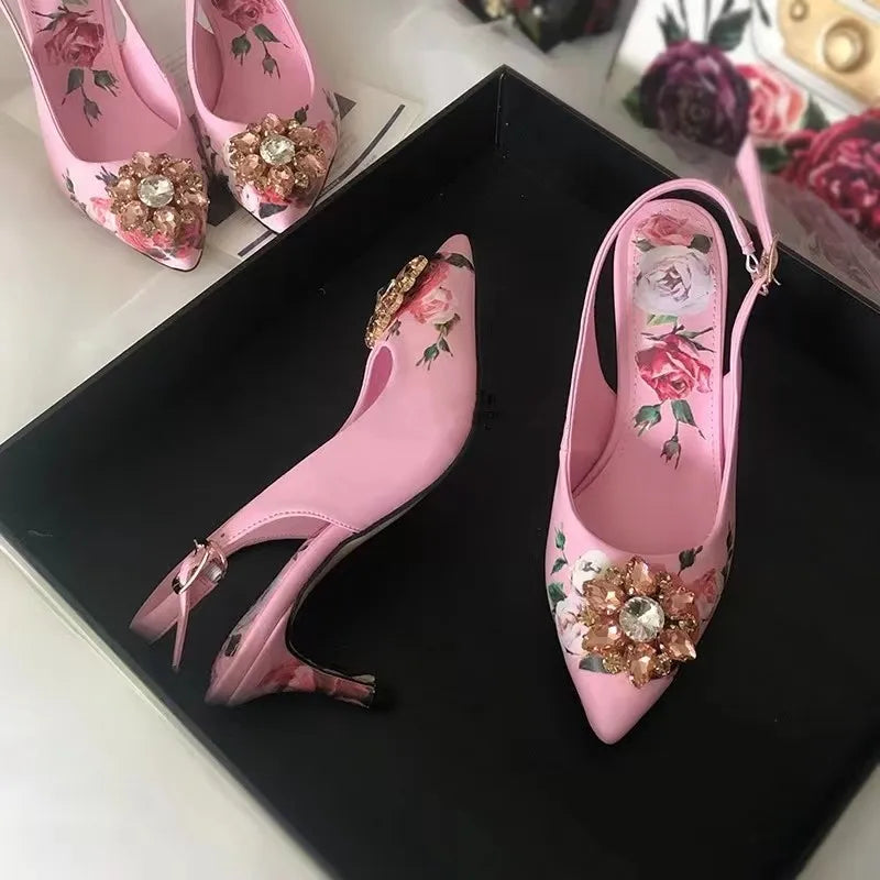 Elegant Pink Floral Rhinestone Slingback Wedding High Heels Pumps for Women