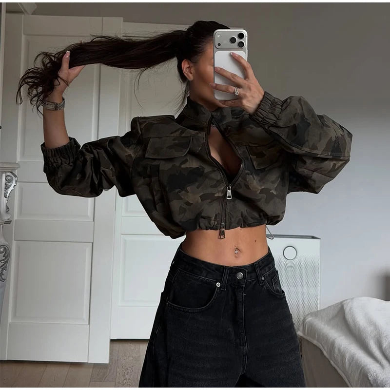Y2K Camouflage Cropped Zip Jacket With Stand Collar for Women