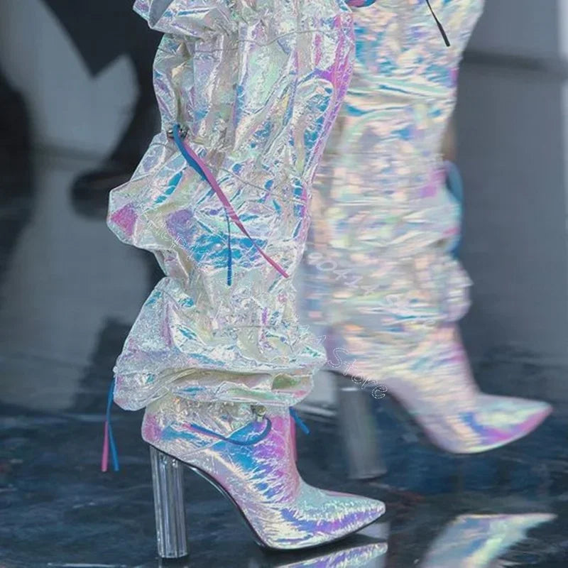 Silver Pleated Pointed Toe Boots With Clear Chunky Heels For Women