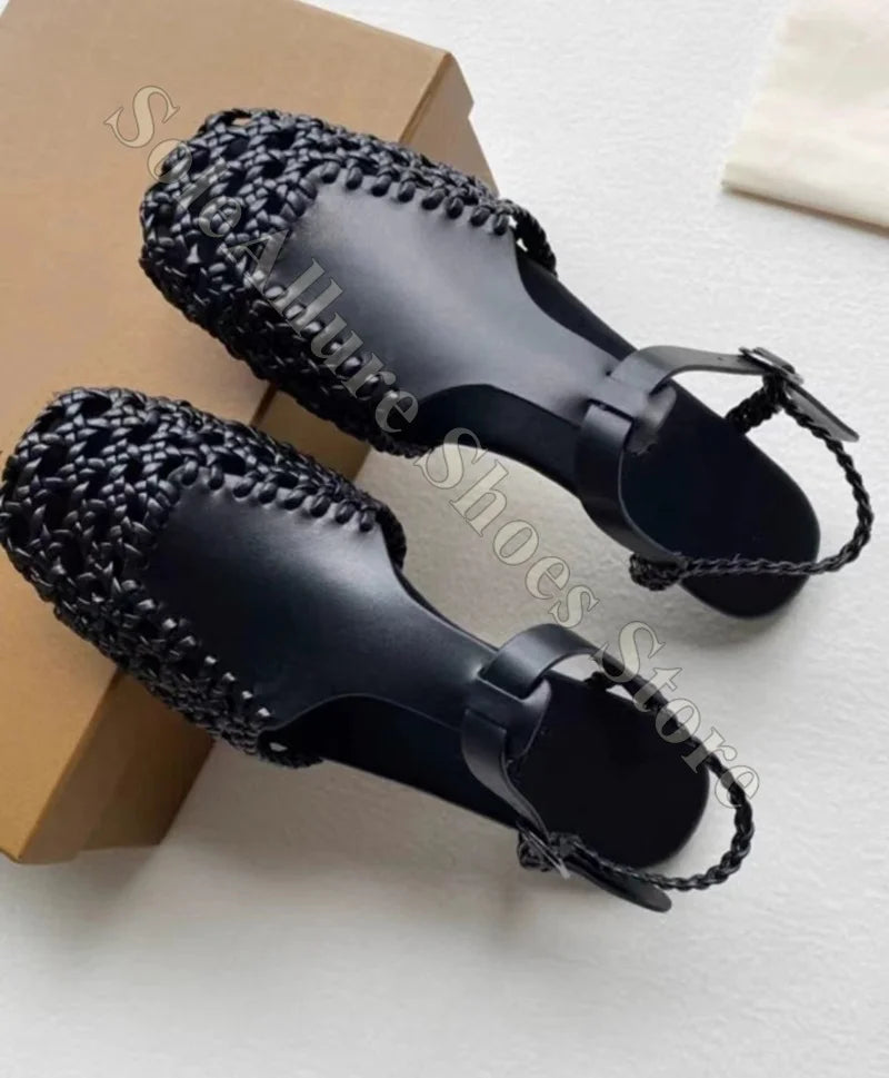 Woven Leather Closed Toe Sandals With Adjustable Buckle For Women