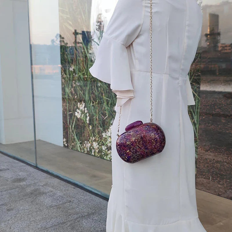 YYW Design Shell Acrylic Clutch Purse Women Marble Bag Luxury Elegant Lady Evening Bag Roud Cute Purple Handbag Shoulder Bags