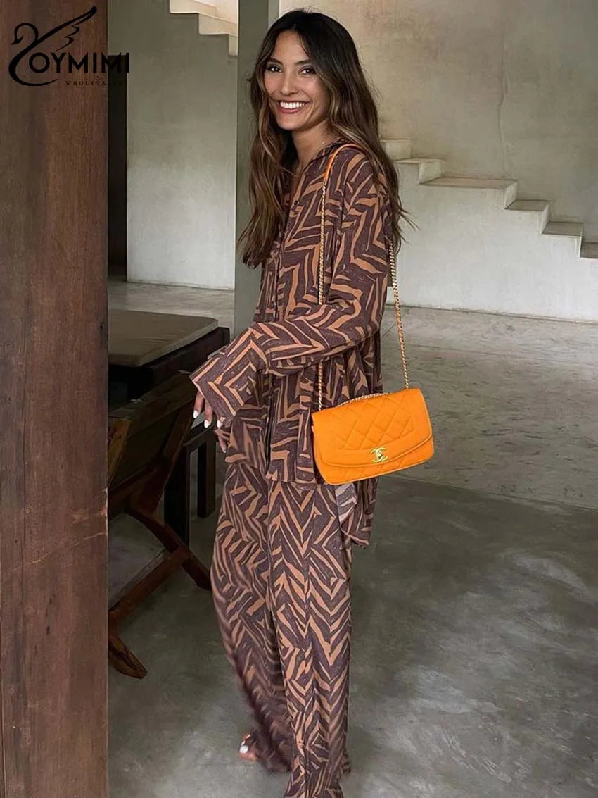 Oymimi Casual Brown Print Sets Womens 2 Piece Elegant Long Sleeve Button Side Slit Shirts And High Waisted Straight Trousers Set