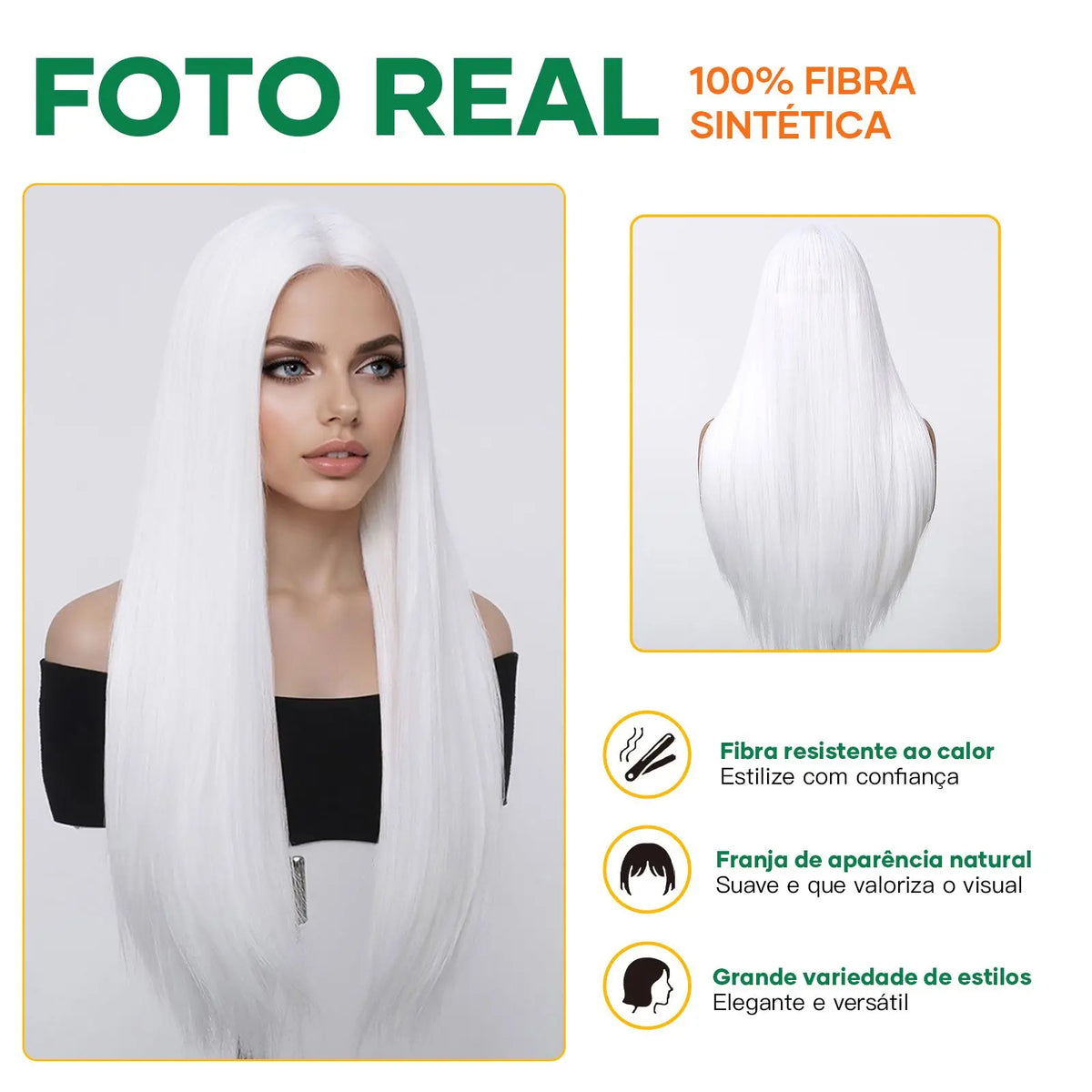 Long Straight White Synthetic Wig With Center Part for Women