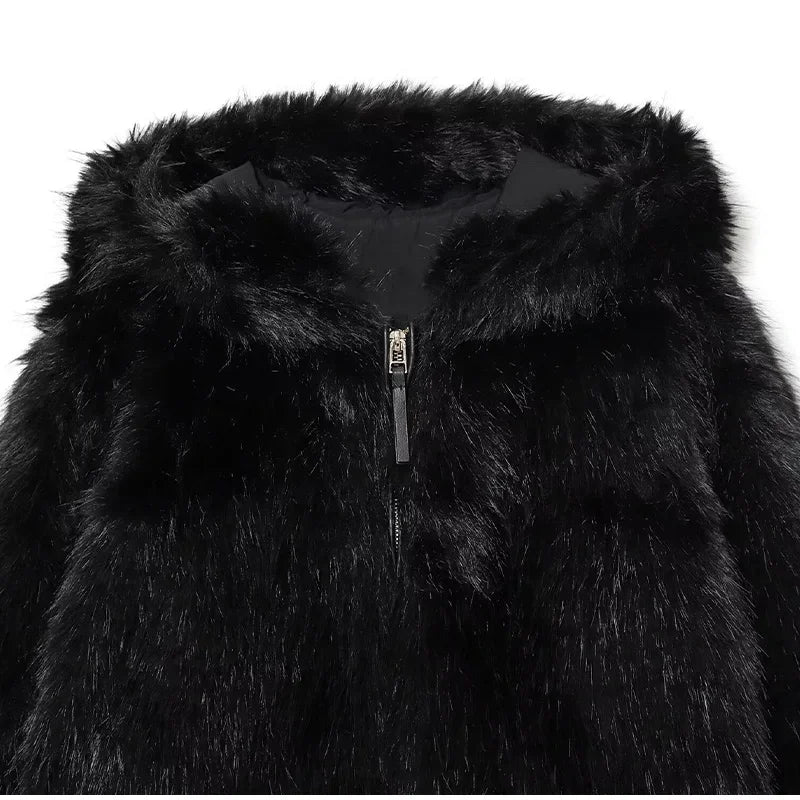 Winter Warm Hooded Faux Fur Long Sleeve Coat with Zipper for Women