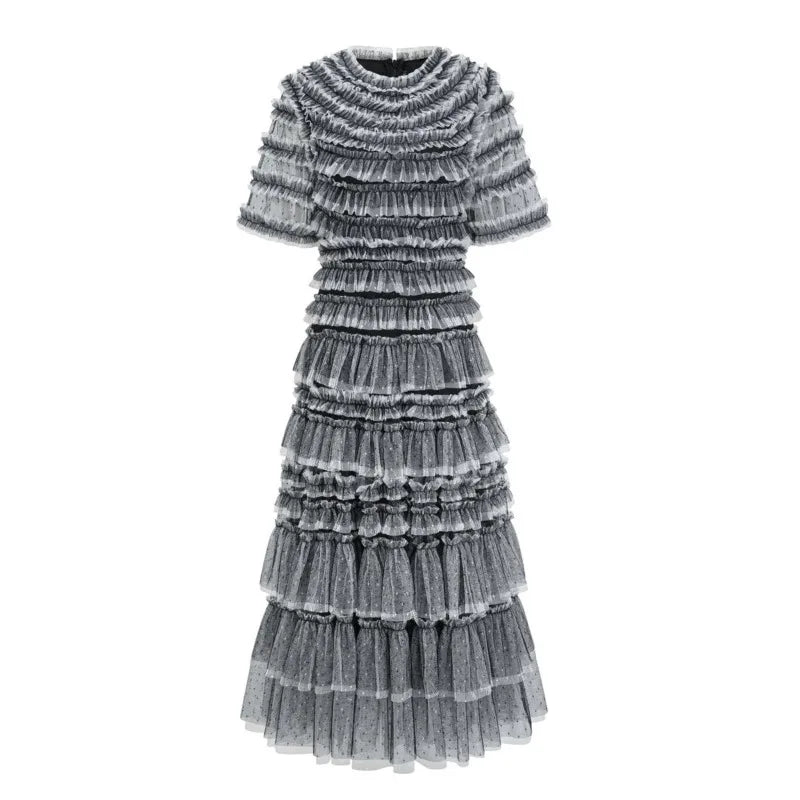 KUCLUT Fashion Women's Multi Layer Mesh Patchwork Dress Elegant Heavy Industry Evening Party Ruffled Short Sleeve Dresses YZJ28
