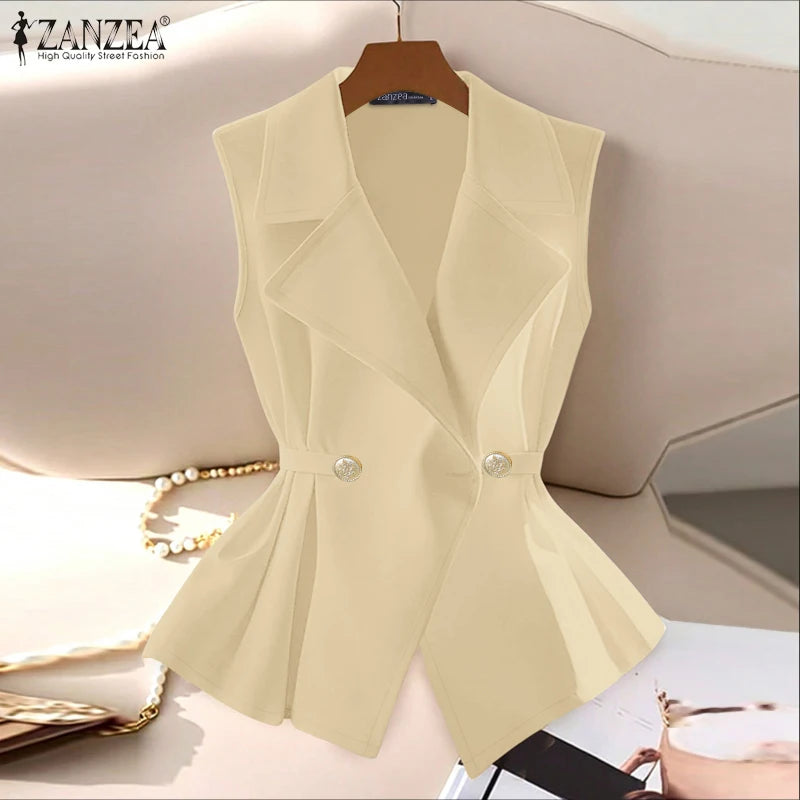 ZANZEA Elegant Women Sleeveless Blazer Fashion Lapel Neck Sashes Vest Tops 2025 Summer Lightweight Office Wear Commuting Tops