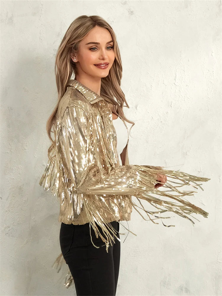 Glam Eighties Inspired Sequin Tassel Lapel Open Front Jacket for Women