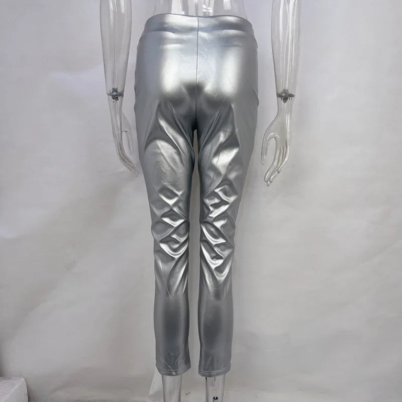 Elegant High Waist Faux Leather Slim Trousers for Women
