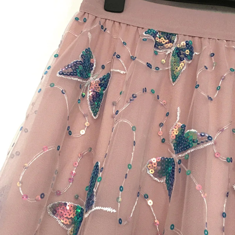 Pink Tulle High Waist Iridescent Sequin Butterfly Embroidery Skirt for Women