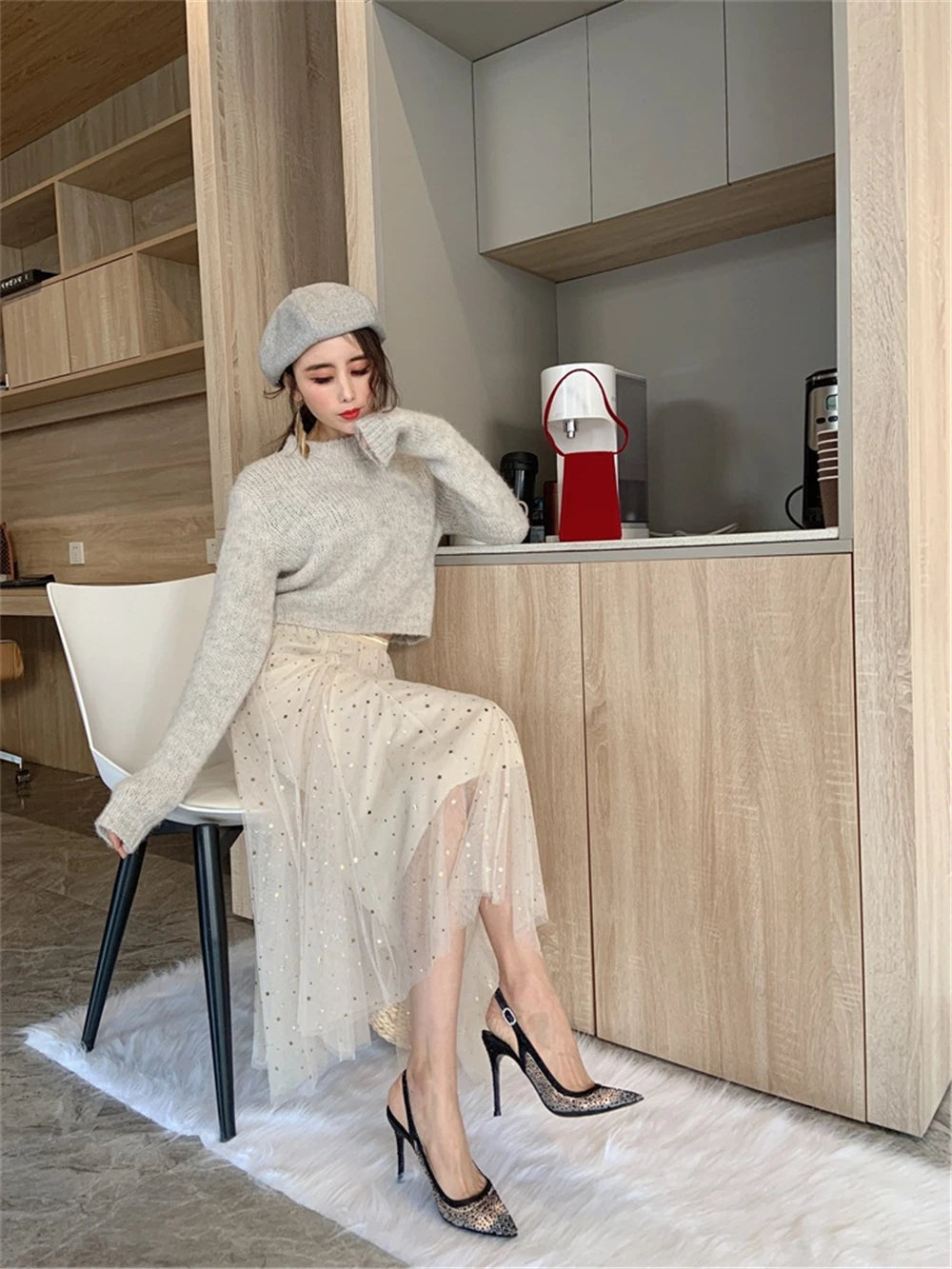 Rhinestone Mesh Pointed Toe Thin High Heels for Women