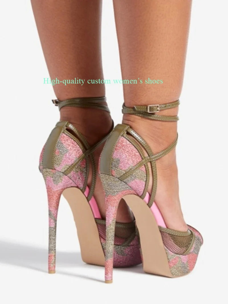 Paneled Stiletto Platform Sandals With Ankle Straps for Women