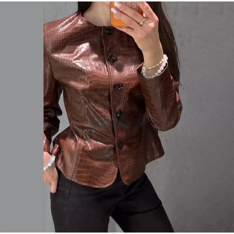 Slim Fit Single Breasted Faux Leather Jacket for Women