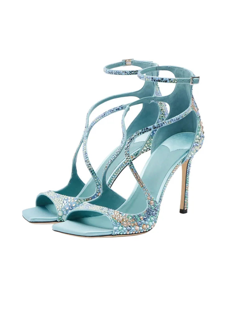 Elegant Rhinestone Crisscross Strap Stiletto Sandals for Women