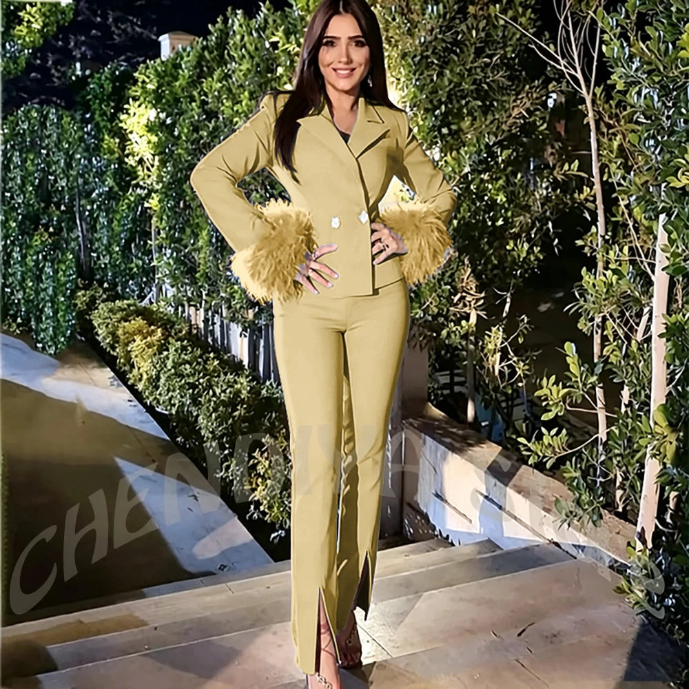 Luxury Feather Women's Suit Sim Fit Peak Lapel Jacket Pants with Split Fashion Outfit for Office Lady Party Business Wear