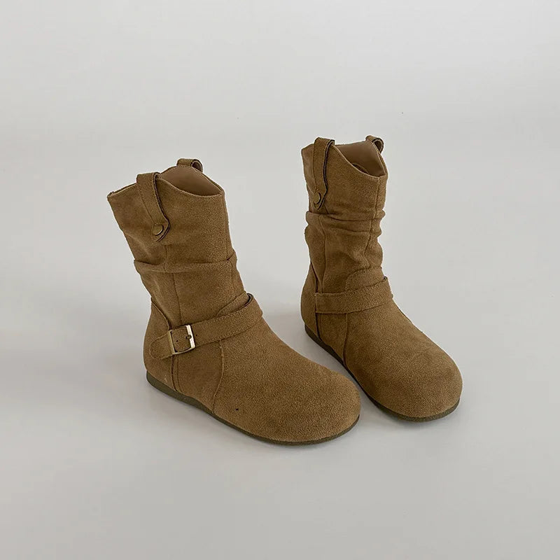 Retro Suede Buckle Slip On Western Ankle Boots for Women