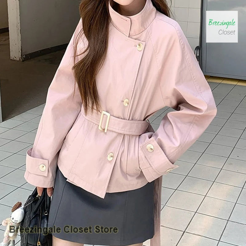 Solid Color Short Stand Collar Windbreaker Coat For Women