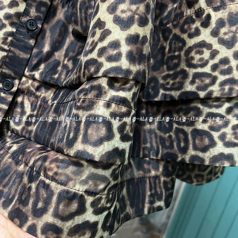Spring Popular Retro Classic Leopard Pattern Single-Breasted Lantern Sleeve Shirt Layered Dress Puffy Cinched Short Dress Female