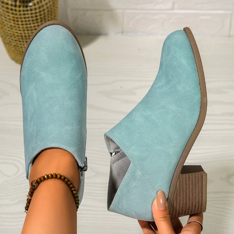Elegant Suede Side Zipper Square Heel Ankle Boots for Women