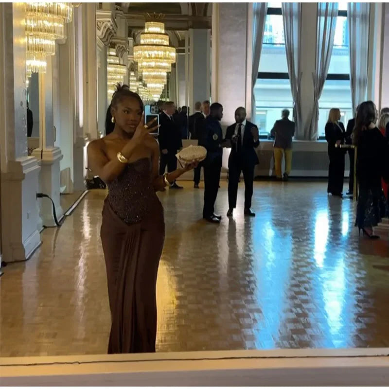 Solid Sexy Strapless Sequin Patchwork Dress Women Sleeveless Backless Cinched-waist Pleated Maxi Dresses Lady Party Evening Gown