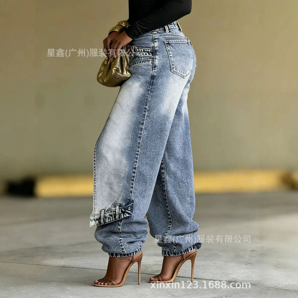 Washed Patchwork Baggy Jeans With Irregular Wrap Front for Women