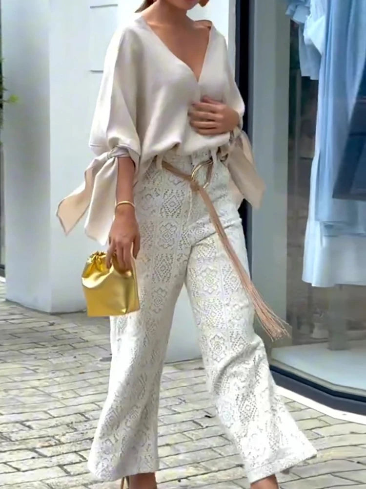 New Spring Autumn Loose V Neck Chic Blouses, Women Casual Batwing Sleeve Simple Tops, 2025 Solid Lace-Up Patchwork Ladies Shirts