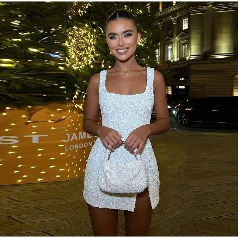 Sleeveless Sequin Mini Dress with High Slit for Women