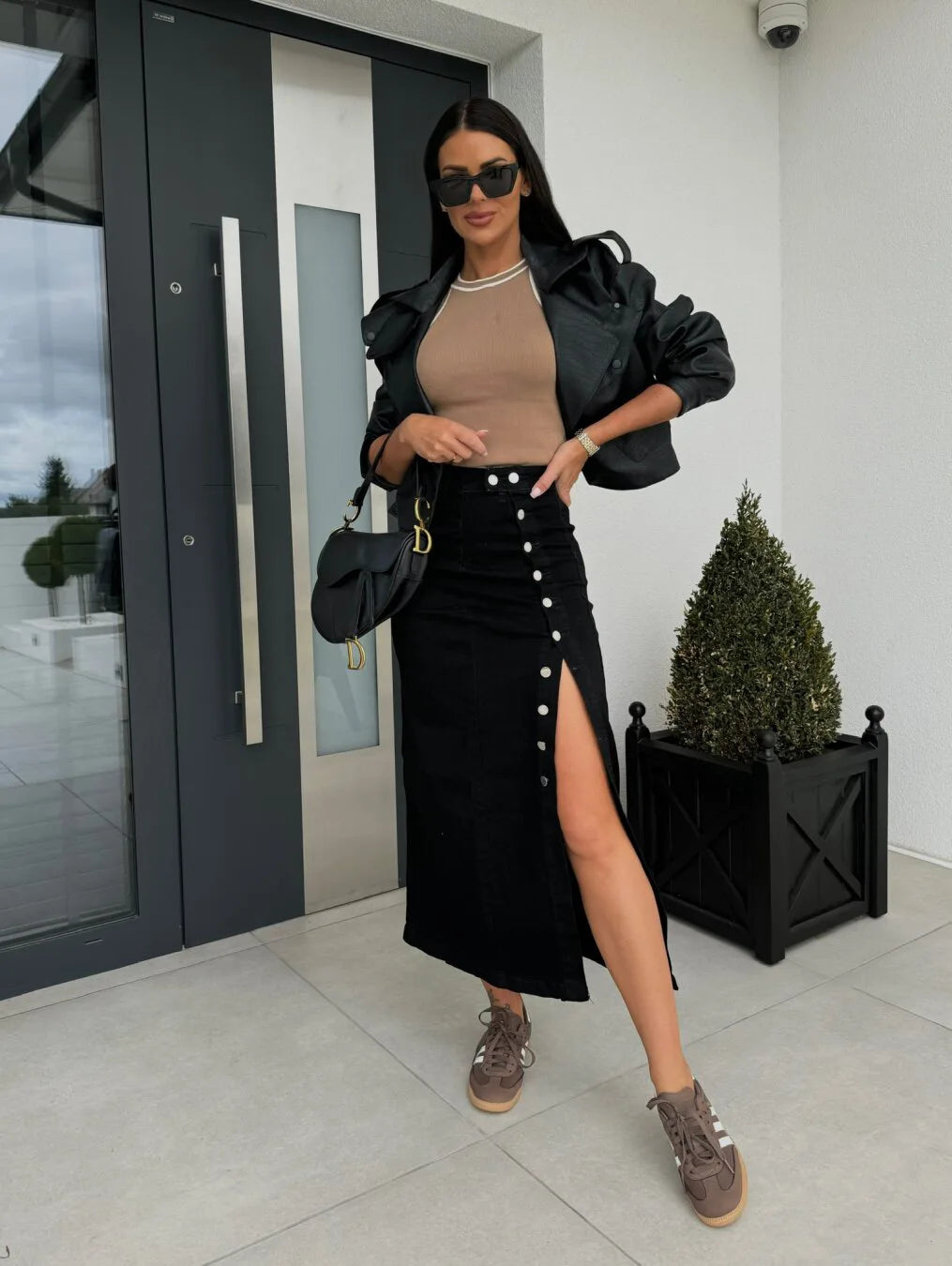 High Waist Retro Button Denim Skirt With Slit for Women