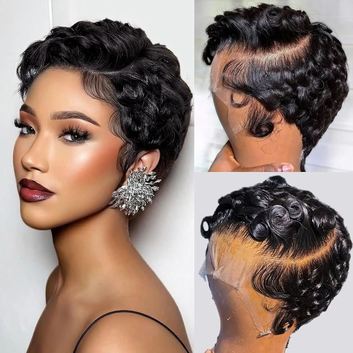 Short Layered Curly Pixie Cut Lace Front Human Hair Wig for Women