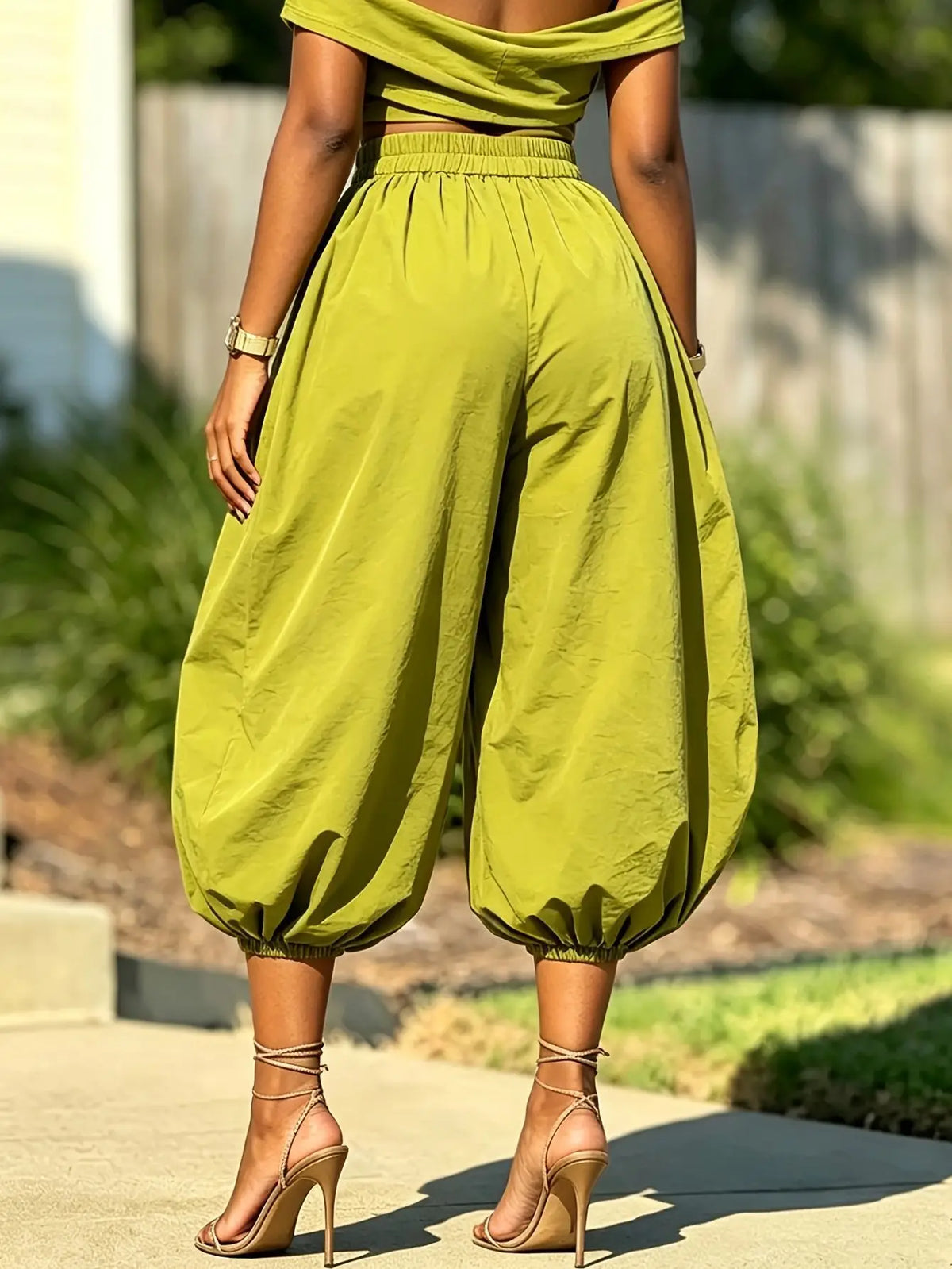 Olive Green Ruched Crop Top And Jogger Pants Set for Women