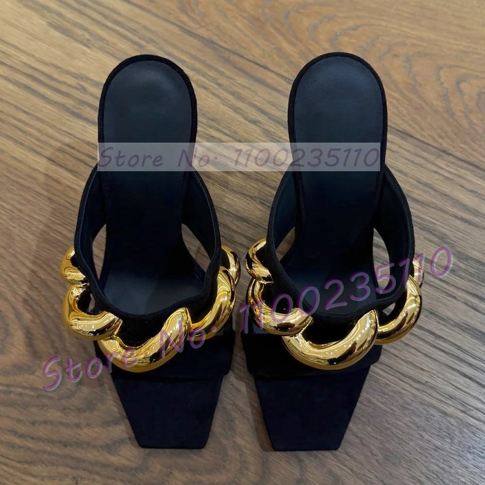 Gold Wave Metal Kid Suede Wedge Mules Women Luxury Square Open Toe Mules Front Strap Party Shallow Real Leather Beige Shoes