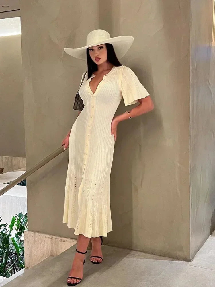 Elegant Pleated Hem Street Fashion O Neck Bell Sleeve Slim Knit Midi Dress 2025 Women Summer Beach Swimsuit Cover Up Tunic A3055
