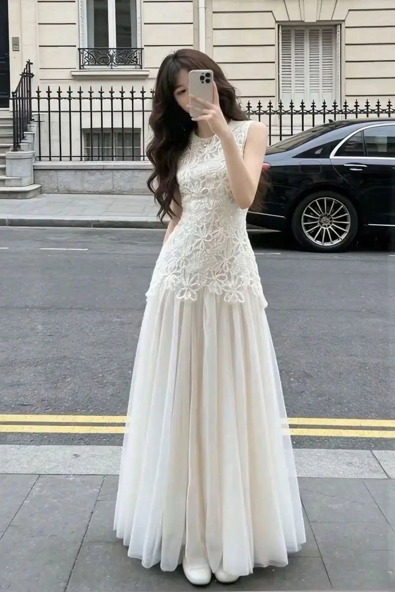 Regular Fit Crew Neck Embroidered Summer Midi Dress for Women