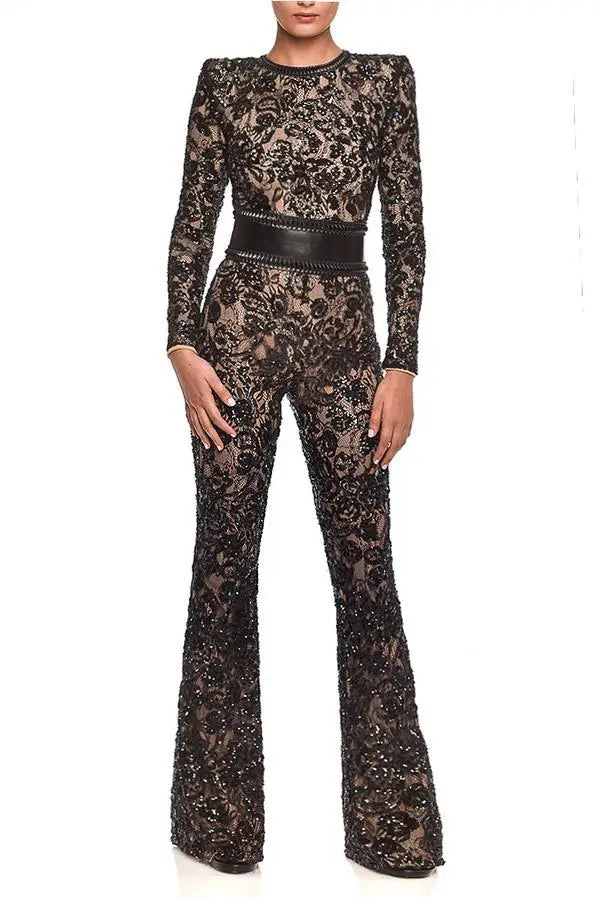 Solid Color Lace Hollow Out Jumpsuit Slim Fit for Women