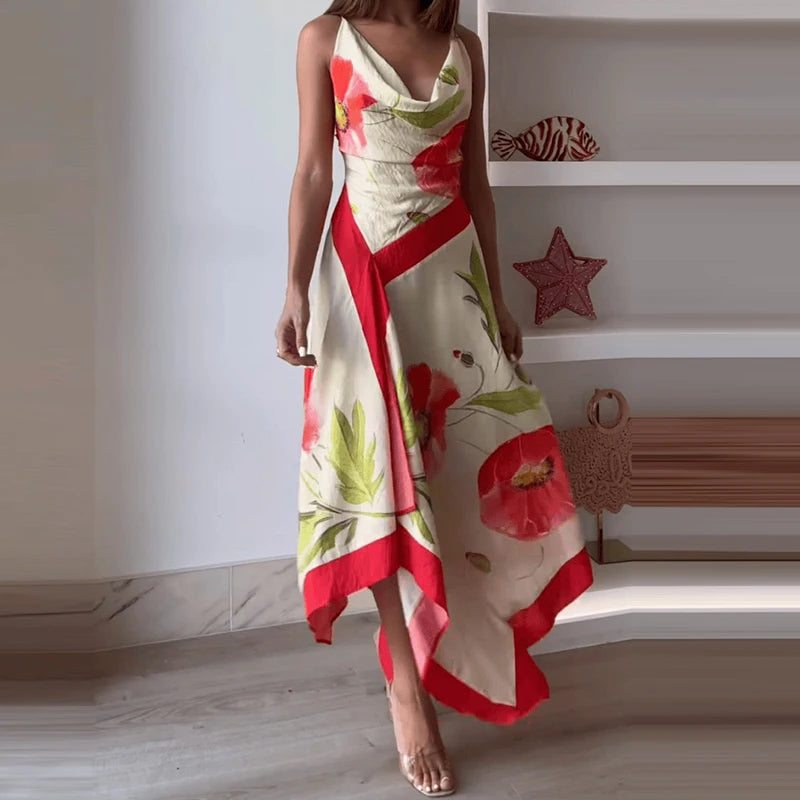 Irregular Off Shoulder Women's Holiday Dress Woman Fashion Sleeveless Beach Maxi Dress Summer Sexy Suspender Printed Long Dress