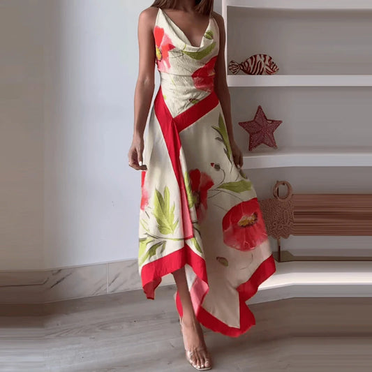 Irregular Off Shoulder Women's Holiday Dress Woman Fashion Sleeveless Beach Maxi Dress Summer Sexy Suspender Printed Long Dress