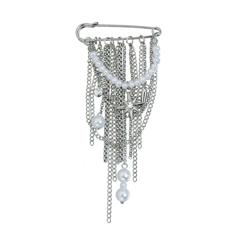 Layered Pearl Heart and Star Tassel Brooch for Women