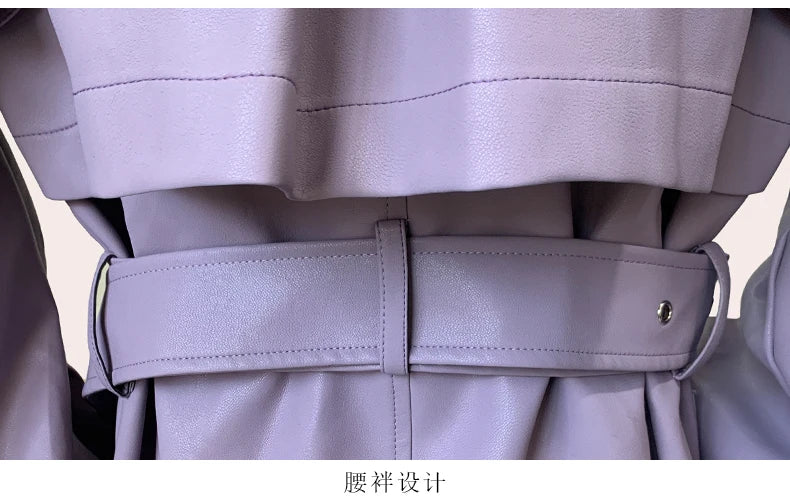 Long Purple Faux Leather Trench Coat With Ruffled Collar For Women