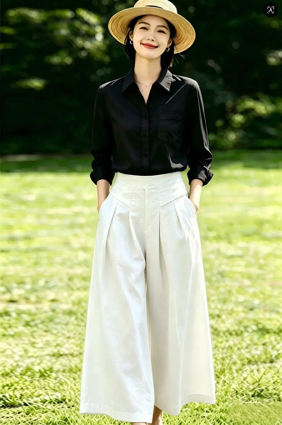 High-Waisted Cotton Linen Wide-Leg Culottes for Women