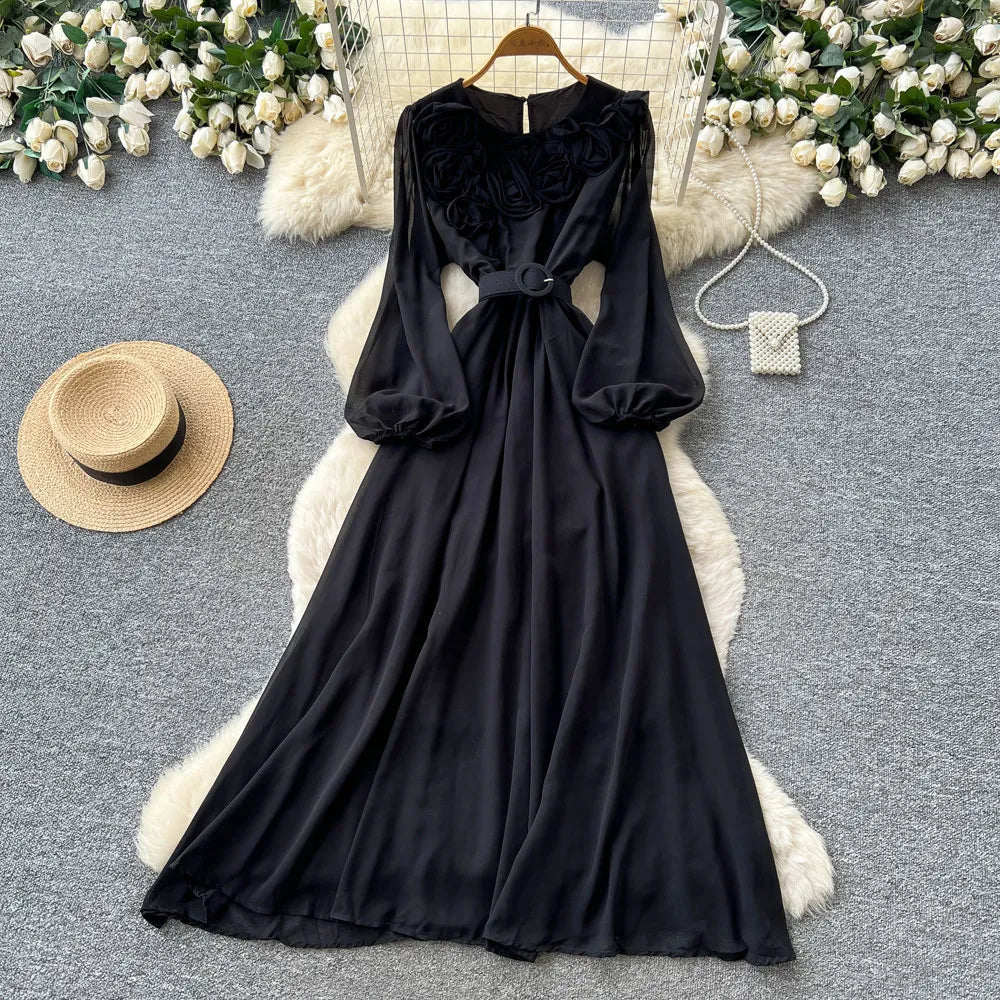Floral Lace V Neck Long Sleeve A Line Midi Dress for Women