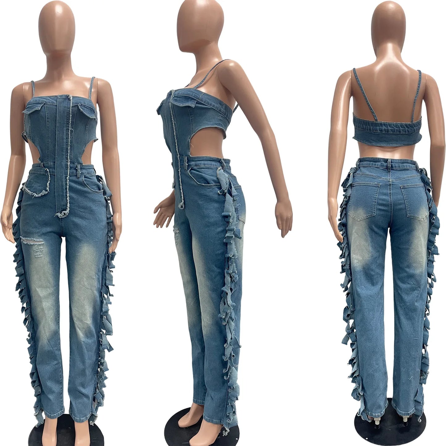 Elegant Strapless Denim Jumpsuit With Tassel Accents For Women